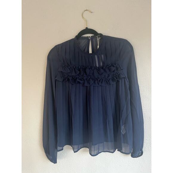 Anthropologie Endless Rose Sheer Navy Pleated Blouse w/ Lace Detail, Lar… - Picture 7 of 11